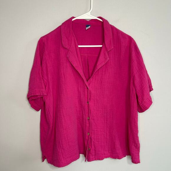 Old Navy Hot Pink Gaize 100% Cotton Button Down Short Sleeve Shirt Size Large - Picture 1 of 6